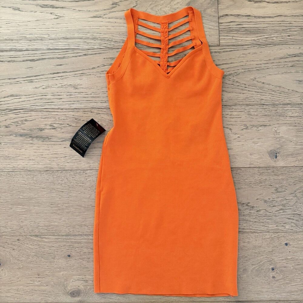 Bebe Brigit Braided Back Bandage Dress Neon Orange Strappy Bodycon L NWT